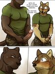 abs anthro army biceps big_penis blush butt canine clothing coal_(maririn) comic english_text erection feline fur gay male mammal maririn military mondo muscles panther pants pecs peeing penis penis_through_fly size_difference sweat text urine wolf 