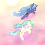  airborne blue_eyes blue_fur blue_hair cloud cutie_mark duo equine female flying friendship_is_magic fur hair horn horse lamiaaaa mammal multi-colored_hair my_little_pony pink_eyes pony princess_celestia_(mlp) princess_luna_(mlp) race racing smile sun white_fur winged_unicorn wings 