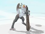  anthro arm_warmers avian bird blue_eyes chain collar feathers handcuffs leaning legwear licking looking_back male pen playful proxer proxer_(character) rubber secretary_bird shackles solo tablet tail_feathers tailfeathers talons thigh_highs tongue tongue_out 