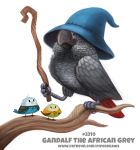  african_grey ambiguous_gender avian bird black_eyes blue_feathers branch cape clothing cryptid-creations feathered_wings feathers feral gandalf_the_grey grey_feathers group hat humor lord_of_the_rings parrot pun red_wings simple_background size_difference staff visual_pun white_background wings wizard_hat wood yellow_feathers 