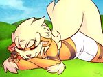  arcanine canine clothing cute dog fangs female field fur giant lying macro male mammal nintendo pok&#233;mon pok&eacute;mon sheela shorts size_difference sleeping top video_games white_fur 