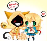  animal_ears ayuki-shura-nyan blazblue cat_ears catgirl chibi cute dialog duo english_text female food grimalkin noel_vermillion smile taokaka text 