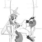  absurd_res anthro anthrofied equine female friendship_is_magic greyscale hair helmet hi_res horn kevinsano lying mammal monochrome my_little_pony navel on_back resting solo sweetie_belle_(mlp) sword throne unicorn weapon 