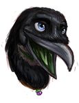  avian beak bird black_feathers blue_eyes crow female green_tongue mazz open_mouth scar smile tongue 