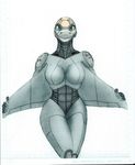  breasts female green_eyes grin living_aircraft looking_at_viewer sharp_teeth solo teeth wings 