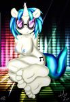  4_toes anthro anthrofied blue_hair breasts cutie_mark equine eyewear female fireclub foot_focus friendship_is_magic fur hair horn mammal my_little_pony nude smile soles solo sunglasses two_tone_hair unicorn vinyl_scratch_(mlp) white_fur 
