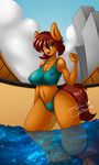  anthro breasts canine city clothed clothing female fox green_eyes hair looking_at_viewer mammal mastergodai open_mouth outside sky solo standing swimsuit tongue upstairstudios water 