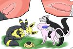  anal anal_penetration balls doggystyle eeveelution espeon female feral from_behind group group_sex hyena internal interspecies jolteon kyoushiro male mammal mightyena nintendo penetration penis pok&#233;mon pok&eacute;mon pussy sex smile straight umbreon video_games 