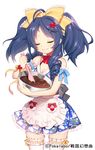  apron bad_id bad_pixiv_id baking blue_dress blue_hair bow breasts byulzzimon chocolate cleavage closed_eyes dress hair_bow hair_ornament hairclip long_hair mixing_bowl official_art sengoku_gensoukyoku small_breasts smile solo spatula stirring thighhighs twintails watermark white_background white_legwear 