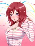  blush casual confetti hand_on_own_chest jewelry long_sleeves love_live! love_live!_school_idol_project necklace nishikino_maki open_mouth purple_eyes red_hair short_hair simon_(n.s_craft) solo streamers striped 