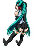  boots detached_sleeves from_behind full_body green_eyes green_hair hatsune_miku headphones long_hair o-minato open_mouth skirt solo thigh_boots thighhighs twintails very_long_hair vocaloid white_background 