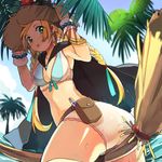  :p bangle beads belt bikini blonde_hair blush bracelet broom broom_riding cape commentary green_eyes hat jewelry long_hair lowres ocean onaramaru original palm_tree solo straw_hat sweat swimsuit tongue tongue_out tree water 