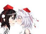  animal_ears bad_id bad_pixiv_id bare_shoulders black_hair blush closed_eyes detached_sleeves ears evandragon face_licking hat inubashiri_momiji licking multiple_girls open_mouth pointy_ears pom_pom_(clothes) red_eyes shameimaru_aya shirt short_hair silver_hair simple_background surprised tokin_hat tongue tongue_out touhou white_background white_shirt wolf_ears 