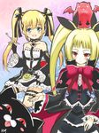 2girls arc_system_works artist_request bare_shoulders blazblue blonde_hair blue_eyes blush crossover dead_or_alive detached_sleeves dress fingerless_gloves gii gloves gothic_lolita hair_ribbon lolita_fashion long_hair marie_rose multiple_girls nago open_mouth rachel_alucard red_eyes ribbon smile spiritual_b90 twintails 