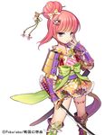  armor bad_id bad_pixiv_id boots bow byulzzimon dress floral_print frills frown hair_bow hair_ornament hair_up hairclip holding holding_weapon japanese_armor japanese_clothes katana kote long_sleeves official_art pink_hair purple_eyes sengoku_gensoukyoku shoulder_armor sode solo standing suneate sword watermark weapon white_background 