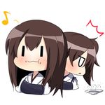  2girls akagi_(kantai_collection) brown_hair chibi eating eighth_note food food_on_face jitome kaga_(kantai_collection) kantai_collection long_hair multiple_girls muneate musical_note onigiri outline plate side_ponytail simple_background triangle_mouth twumi white_background |_| 