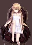  absurdres armchair bakemonogatari barefoot blonde_hair chair dress feet_on_chair flat_chest fuuko_chan highres knee_up leg_up light_smile long_hair long_legs looking_at_viewer monogatari_(series) no_panties oshino_shinobu sitting solo spaghetti_strap strap_slip sundress white_dress yellow_eyes 