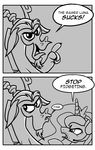  black_and_white comic crown czudakx dialog discord_(mlp) draconequus dripping english_text equine female friendship_is_magic headset horn looking_at_viewer male mammal monochrome my_little_pony princess_luna_(mlp) saliva text winged_unicorn wings 
