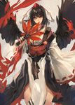  black_hair black_wings fan hat hauchiwa hidden_mouth japanese_clothes kimono kourindou_tengu_costume long_hair long_sleeves looking_at_viewer makai_no_juumin obi pinky_out red_eyes ribbon ribbon-trimmed_sleeves ribbon_trim sash shameimaru_aya solo tokin_hat touhou wings 