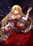  bare_shoulders blonde_hair breasts cleavage dress efe elbow_gloves gloves kiss-shot_acerola-orion_heart-under-blade large_breasts long_hair looking_at_viewer monogatari_(series) smile solo very_long_hair white_gloves yellow_eyes 