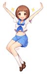  :d \o/ arms_up bad_id bad_pixiv_id blue_skirt blush brown_eyes brown_hair byulzzimon crop_top crop_top_overhang full_body highres kill_la_kill loafers looking_at_viewer mankanshoku_mako midriff navel open_mouth outstretched_arms round_teeth school_uniform shirt shoes short_hair short_sleeves skirt smile socks solo teeth white_background white_shirt 