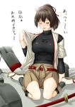  ;o belt breasts brown_eyes brown_hair brown_skirt collarbone full_body geta hakama_skirt highres hot ise_(kantai_collection) japanese_clothes kantai_collection large_breasts latex niwatazumi one_eye_closed ponytail short_hair simple_background sitting skin_tight skirt solo sweat sword tabi taut_clothes translated wariza weapon white_background white_legwear 