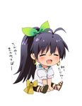  ankle_lace-up chibi closed_eyes cross-laced_footwear earrings full_body ganaha_hibiki hiiringu hoop_earrings idolmaster idolmaster_(classic) jewelry long_hair open_mouth sandals simple_background sitting smile solo translated white_background 