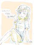  ;d beige_background casual delf hair_ornament hairpin happy_birthday heart heart_print knees_together_feet_apart looking_at_viewer misaka_mikoto one_eye_closed open_mouth shirt short_sleeves shorts simple_background smile t-shirt thighs to_aru_kagaku_no_railgun to_aru_majutsu_no_index v 