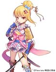  armor bad_id bad_pixiv_id blonde_hair boots bow byulzzimon dress floral_print frills frown hair_bow hair_ornament hair_up hairclip holding holding_weapon japanese_armor japanese_clothes katana kote long_sleeves official_art red_eyes sengoku_gensoukyoku shoulder_armor sode solo standing suneate sword watermark weapon white_background 
