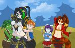  anthro bear blue_eyes braided_hair breast_grab breasts clothed clothing cloud draenei eyes_closed female green_body green_eyes hair helsy human ice_cream long_hair male mammal orc outside panda pandaren purple_hair short_hair sky standing video_games warcraft world_of_warcraft young 