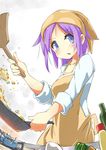  apron bandana blue_eyes blush bottle cooking egg fisheye flipping_food food frying_pan hiiragi_tsukasa holding looking_to_the_side lucky_star no_nose parted_lips purple_hair short_hair solo suno-pi white_background 