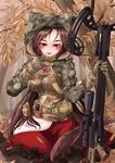  animal_ears arrow bow_(weapon) breasts brown_hair camouflage crossbow eyeshadow fang fingernails gloves hooded_top imaizumi_kagerou jewelry leaf looking_at_viewer makeup medium_breasts nail_polish nama_shirasu necklace pendant red_eyes scope skirt solo tail touhou weapon wolf_ears wolf_tail 