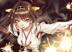  ahoge bare_shoulders brown_hair detached_sleeves hairband headgear japanese_clothes kantai_collection kongou_(kantai_collection) long_hair nontraditional_miko open_mouth outstretched_arms simon_(n.s_craft) solo 