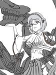  bare_shoulders breasts broken_glass cyborg dark_persona detached_sleeves glass glasses hairband highres japanese_clothes kantai_collection kirishima_(kantai_collection) medium_breasts monochrome ogawa_shou shinkaisei-kan short_hair sketch skirt solo torn_clothes white_background 