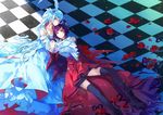  arm_grab black_legwear boots checkered checkered_floor detached_sleeves flower gothic_lolita jinying lolita_fashion long_hair multiple_girls petals ponytail rose rose_petals ruby_rose rwby short_hair thighhighs thighs weiss_schnee 