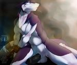  anthro balls black_penis bound chain cuffs erection ethan_(teckly) fasttrack37d fur humanoid_penis looking_away male muscles nude penis purple_fur restraints sergal sitting solo thick_penis white_fur 