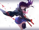  armor asukaziye blood blue_eyes bow gloves katana long_hair petals pixiv_fantasia purple_hair skirt sword weapon 