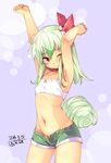  alternate_costume armpits arms_up blush bra casual collarbone contemporary cowboy_shot denim ex-keine flat_chest green_hair green_shorts groin horn_ribbon horns kamishirasawa_keine kokka_han looking_at_viewer navel no_panties one_eye_closed red_eyes ribbon short_hair short_shorts shorts solo stretch tail touhou training_bra unbuttoned underwear younger 
