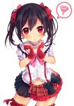  bad_id bad_pixiv_id black_hair blush bokura_wa_ima_no_naka_de bow earrings gloves hair_bow idol jewelry looking_at_viewer love_live! love_live!_school_idol_project navel red_eyes rinndouk short_hair solo spoken_squiggle squiggle thighhighs twintails white_background yazawa_nico 