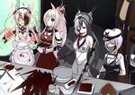  apron bare_shoulders black_hair breasts chocolate cooking cyborg dark_persona elbow_gloves female_abyssal_admiral_(kantai_collection) glasses gloves hat headgear highres kantai_collection long_hair maid_apron medium_breasts multicolored_hair multiple_girls musashi_(kantai_collection) nagato_(kantai_collection) ogawa_shou ponytail shinkaisei-kan twintails two-tone_hair valentine yamato_(kantai_collection) 