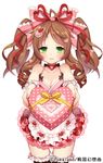  apron bad_id bad_pixiv_id blush bow breasts brown_hair byulzzimon cleavage dress gift green_eyes hair_bow hair_ornament heart heart_hair_ornament long_hair looking_at_viewer medium_breasts official_art open_mouth sengoku_gensoukyoku smile solo twintails watermark white_background 