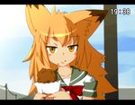  animal_ears anime_coloring april_fools blonde_hair clock fake_screenshot food food_on_face fox_ears letterboxed long_hair original sakifox sakitsune school_uniform yellow_eyes 