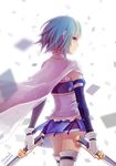  2014 artist_name blue_eyes blue_hair breasts cape dated dual_wielding elbow_gloves frills from_behind gloves holding looking_back magical_girl mahou_shoujo_madoka_magica miki_sayaka mimiz short_hair skirt small_breasts solo sword thighhighs weapon 