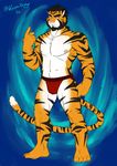  barefoot beard black_hair blue_eyes claws facial_hair feline hair kousen male mammal nipples pink_nose solo standing tiger toe_claws topless 