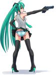  ass blue_panties boots cigarette full_body green_eyes green_hair gun hand_on_hip hatsune_miku high_heels long_hair necktie o-minato panties pigeon-toed skirt smoking solo striped striped_panties thigh_boots thighhighs twintails underwear very_long_hair vocaloid weapon white_background 