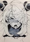  bad_id bad_pixiv_id ballpoint_pen_(medium) blush bukkake cum cum_in_mouth cum_on_hair cum_on_tongue face hair_over_one_eye highres iku_(ikuchan_kaoru) monochrome open_mouth pokemon shirona_(pokemon) solo sweat tears tongue traditional_media 