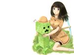  black_hair blue_eyes creeper grass hat karube long_hair minecraft original skirt socks white 