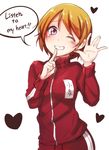  ;d bad_id bad_pixiv_id blush cowboy_shot english finger_to_mouth grin hand_to_head heart jacket kakutasu koizumi_hanayo long_sleeves looking_at_viewer love_live! love_live!_school_idol_project one_eye_closed open_mouth orange_hair pants purple_eyes short_hair simple_background smile solo speech_bubble standing talking track_suit white_background 