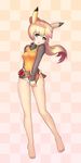  bad_id bad_pixiv_id barefoot belt blonde_hair blue_eyes breasts checkered checkered_background full_body highres long_hair medium_breasts no_hat no_headwear no_pants panties pikachu_ears poke_ball pokemon pokemon_ears pokemon_special ponytail shirt_tug solo toes underwear white_panties yellow_(pokemon) yuruto 