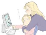  2girls blonde_hair blue_eyes blush computer hand_on_head highres hug hug_from_behind monitor mother_and_daughter multiple_girls nappy_happy natalia_poklonskaya no_background pointing real_life translated 